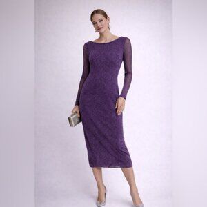 JJXX Purple Glitter Women's Long Sleeve Midi Dress Size M NWT